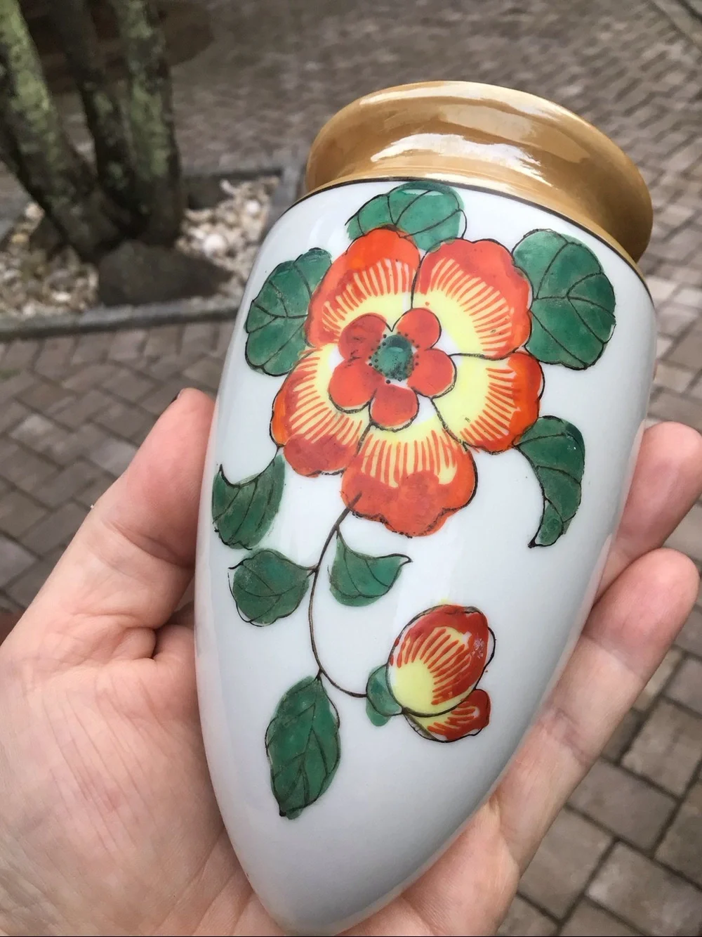 Vintage Japan Lusterware Wall Pocket Vase Hand Painted Flower Glossy Peach